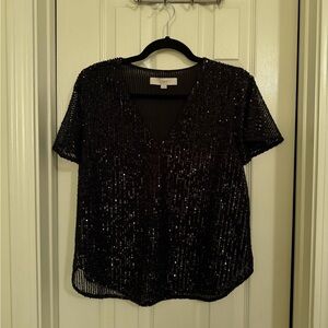 LOFT Black Sequin Short Sleeve Blouse